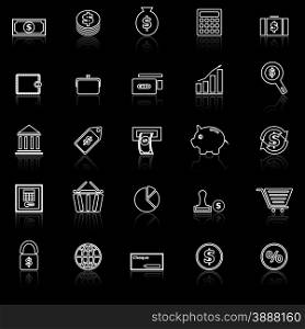 Money line icons with reflect on black, stock vector