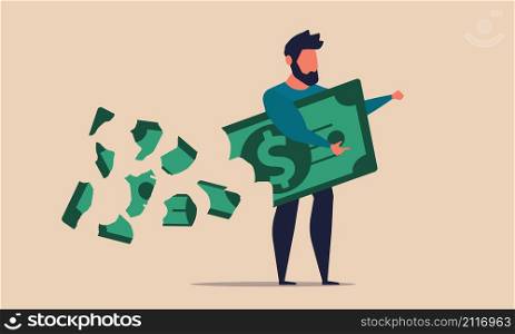 Money lose and loss business investment. Lost debt and economic failure low vector illustration concept. Depressed and problem finance with unhappy man. Bad profit and risk bankruptcy dollar sale