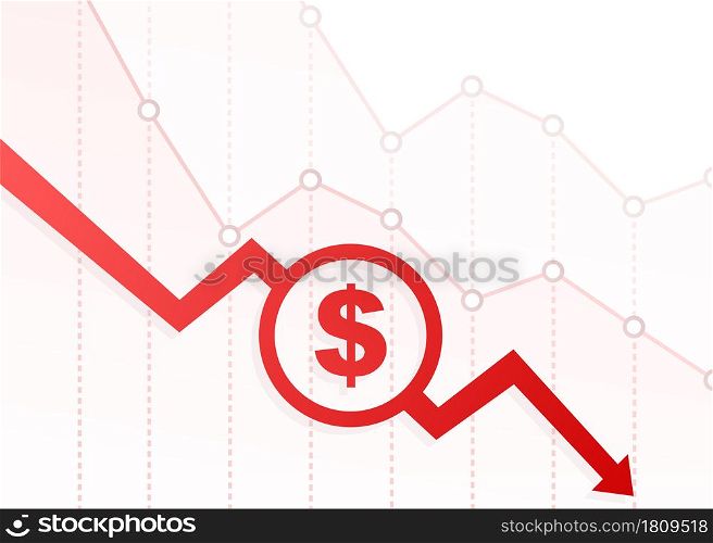 Money loss. Cash with down arrow stocks graph, concept of financial crisis, market fall, bankruptcy. Vector stock illustration. Money loss. Cash with down arrow stocks graph, concept of financial crisis, market fall, bankruptcy. Vector stock illustration.