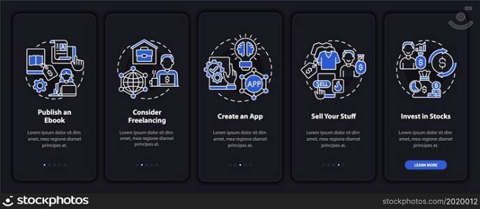 Money making approaches onboarding mobile app page screen. Creating apps walkthrough 5 steps graphic instructions with concepts. UI, UX, GUI vector template with linear night mode illustrations. Money making approaches onboarding mobile app page screen