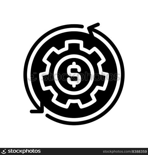 Money management black glyph icon. Achieve financial success. Cash transformation. Budget planning. Payment collection. Silhouette symbol on white space. Solid pictogram. Vector isolated illustration. Money management black glyph icon