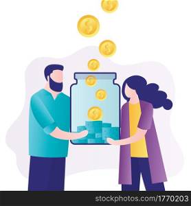 Money management concept. Business people invest money in new startup project. Team inserting cash into glass jar. Startup capital, finance planning, economy. Family budget. Flat vector illustration. Money management concept. Business people invest money in new startup project. Team inserting cash into glass jar.