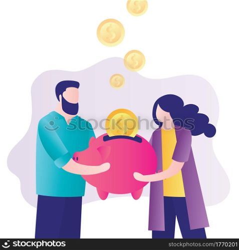 Money management concept. Family budget, financial planning. Marriage couple puts golden coins into piggy bank. Business team invest money to new startup project. Bank deposit. Flat vector illustration. Marriage couple puts golden coins into piggy bank.Business team investment dollars to startup project