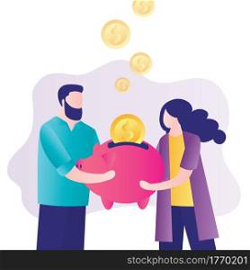 Money management concept. Family budget, financial planning. Marriage couple puts golden coins into piggy bank. Business team invest money to new startup project. Bank deposit. Flat vector illustration. Marriage couple puts golden coins into piggy bank.Business team investment dollars to startup project