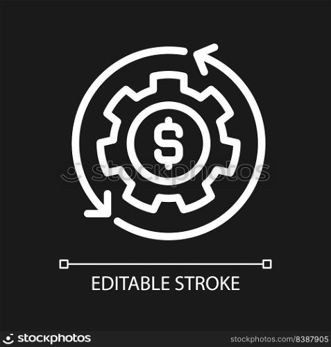 Money management pixel perfect white linear icon for dark theme. Achieve financial success. Budgeting. Thin line illustration. Isolated symbol for night mode. Editable stroke. Arial font used. Money management pixel perfect white linear icon for dark theme