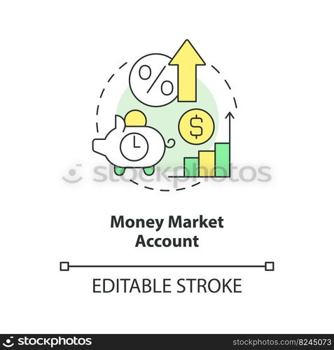 Money market account concept icon. High rates savings. Banking product abstract idea thin line illustration. Isolated outline drawing. Editable stroke. Arial, Myriad Pro-Bold fonts used. Money market account concept icon