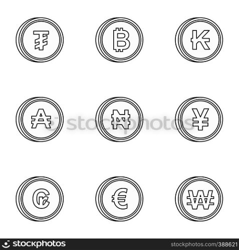 Money of countries icons set. Outline illustration of 9 money of countries vector icons for web. Money of countries icons set, outline style