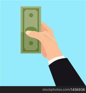 Money on Businessman hand, bill, bank note. Businessman giving a cache. Money on Businessman hand, bill, bank note. Businessman giving a cache. Vector illustration in carton style isolated