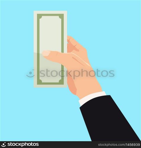 Money on Businessman hand, bill, bank note. Businessman giving a cache. Money on Businessman hand, bill, bank note. Businessman giving a cache. Vector illustration in carton style isolated