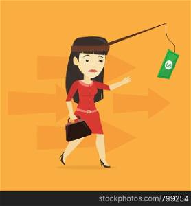 Money on fishing rod as motivation for business woman. Asian business woman motivated by money hanging on fishing rod. Concept of business motivation. Vector flat design illustration. Square layout.. Businesswoman trying to catch money on fishing rod