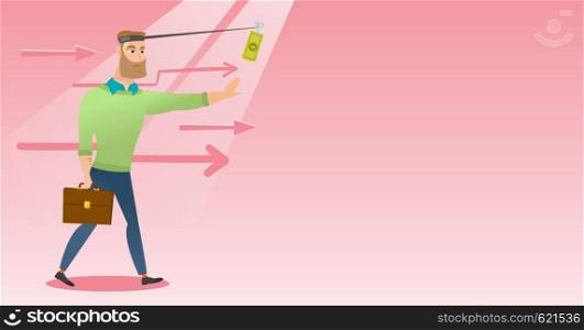 Money on fishing rod as motivation for businessman. Caucasian businessman motivated by money hanging on fishing rod. Concept of business motivation. Vector flat design illustration. Horizontal layout.. Businessman trying to catch money on fishing rod.