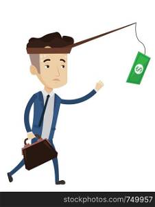 Money on fishing rod as motivation for businessman. Businessman motivated by money hanging on fishing rod. Concept of business motivation. Vector flat design illustration isolated on white background.. Businessman trying to catch money on fishing rod.