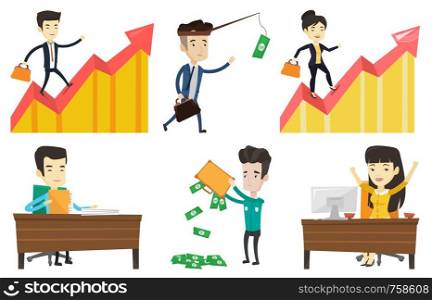 Money on fishing rod as motivation for businessman. Man motivated by money hanging on fishing rod. Concept of business motivation. Set of vector flat design illustrations isolated on white background.. Vector set of business characters.