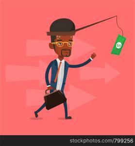 Money on fishing rod as motivation for businessman. An african businessman motivated by money hanging on fishing rod. Concept of business motivation. Vector flat design illustration. Square layout.. Businessman trying to catch money on fishing rod.
