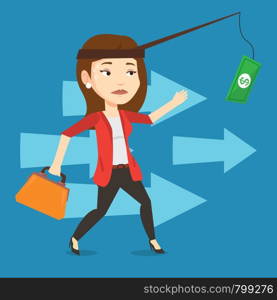 Money on fishing rod as motivation for businesswoman. Caucasian business woman motivated by money hanging on fishing rod. Concept of business motivation. Vector flat design illustration. Square layout. Businesswoman trying to catch money on fishing rod