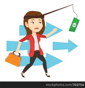 Money on fishing rod as motivation for woman. Business woman motivated by money hanging on fishing rod. Concept of business motivation. Vector flat design illustration isolated on white background.. Businesswoman trying to catch money on fishing rod