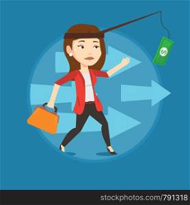 Money on fishing rod as motivation for young business woman. Caucasian business woman motivated by money hanging on fishing rod. Vector flat design illustration in the circle isolated on background.. Businesswoman trying to catch money on fishing rod