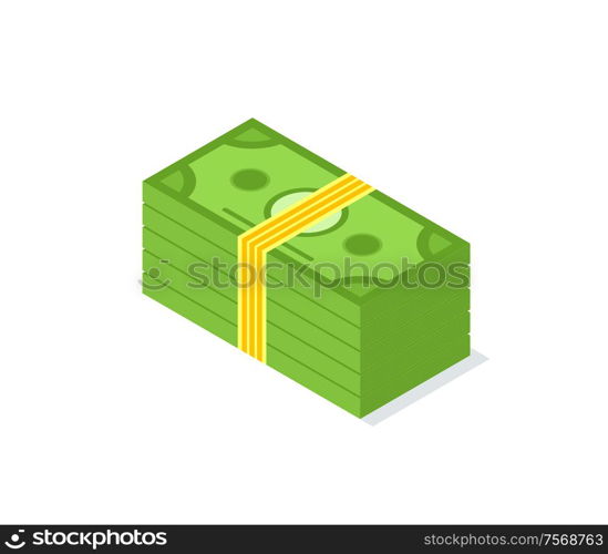 Money pack with yellow ribbon, stock of dollars isolated on white, crowdfunding. Finance and cash, credit payment and banking financing, profit concept. Crowdfunding Money Pack Vector Isolated Pack