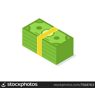 Money pack with yellow ribbon, stock of dollars isolated on white, crowdfunding. Finance and cash, credit payment and banking financing, profit concept. Crowdfunding Money Pack Vector Isolated Pack