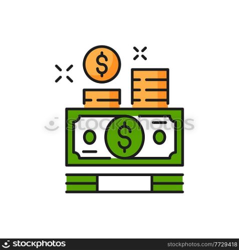 Money paper green bills and gold coins isolate flat line icon. Vector charity payments, finance banknotes, credit money transfer and transaction, investments. Currency and debt, business earnings. Paper bills and coins, money payments isolated