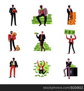 Money person sitting with money cash banknotes and coins vector businessman happy to have with rich person by strongbox deposit saving of male successful guy wearing formal clothes worker loan.. Money person sitting with money cash banknotes and coins