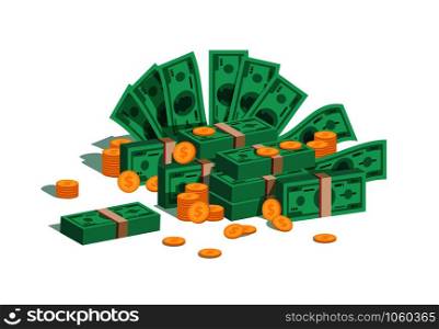 Money pile. Bundle with flying dollars and rolling golden coins, stack of green banknotes and coins on white background. Vector isolated image business finance earn cash concept. Money pile. Bundle with flying dollars and rolling golden coins, stack of green banknotes and coins. Vector business finance concept