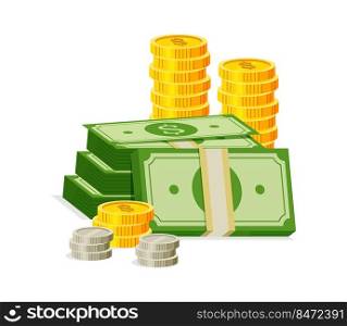 Money pile concept. American bank currency and stack of banknotes, money cash concept. Vector illustration cartoon structure banknotes business. Money pile concept. American bank currency and stack of banknotes, money cash concept. Vector illustration