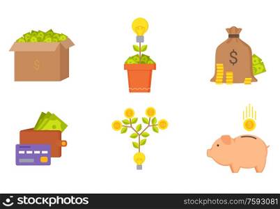 Money pile in carton box vector, isolated financial set of icons banknotes gold coins American currency in pot tree of ideas with lightbulb. Credit card and wallet. Money Golden Coin and Banknotes Dollars Icons Set