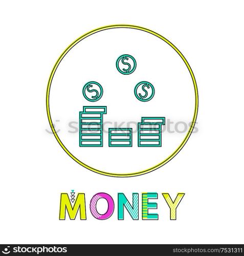 Money pile isolated on white background banner, vector illustration of coins stack in yellow circle, round cash with dollar sign, abstract finances. Money Pile Isolated on White Background Banner