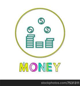 Money pile isolated on white background banner, vector illustration of coins stack in yellow circle, round cash with dollar sign, abstract finances. Money Pile Isolated on White Background Banner