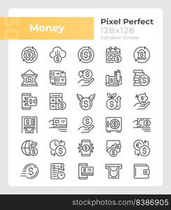 Money pixel perfect linear icons set. Personal, business finances. Customizable thin line symbols. Isolated vector outline illustrations. Editable stroke. Montserrat Bold, Light fonts used. Money pixel perfect linear icons set