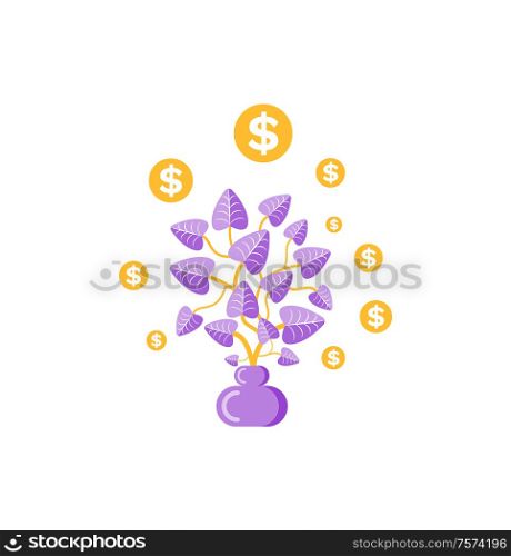 Money plant in pot, golden coins, dollars icon on white, symbol of investment. Growing cash, leaves and sticks, bucks tree element, business vector. Money Plant in Pot, Golden Coins, Dollars Vector