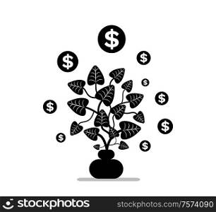Money plant in pot, simbols coins, dollars icon on white, symbol of investment. Growing cash, leaves and sticks, bucks tree element, business vector. Black color on white background. Money Plant in Pot, Golden Coins, Dollars Vector