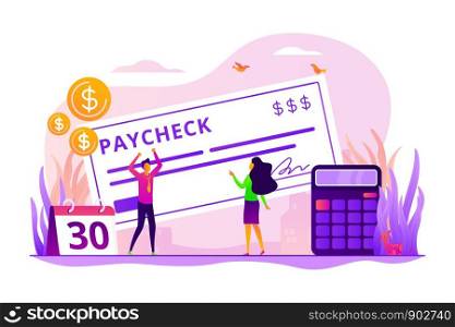 Money prize. Cash lottery winning. Salary payment. Calendar with payday. Tax free income. Paycheck cash, payroll tax deposit, payroll software concept. Vector isolated concept creative illustration. Paycheck concept vector illustration