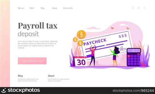 Money prize. Cash lottery winning. Salary payment. Calendar with payday. Tax free income. Paycheck cash, payroll tax deposit, payroll software concept. Website homepage header landing web page template.. Paycheck landing page template