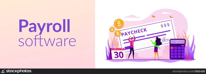 Money prize. Cash lottery winning. Salary payment. Calendar with payday. Tax free income. Paycheck cash, payroll tax deposit, payroll software concept. Header or footer banner template with copy space.. Paycheck web banner concept