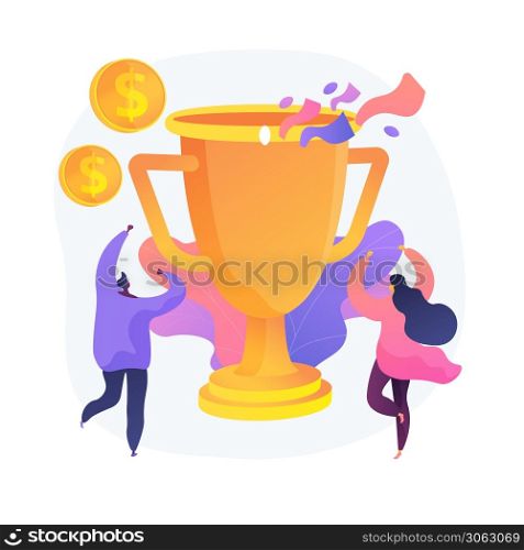 Money prize, trophy, deserved reward. Team success, championship, high achievement. Monetary award recipients, winners cartoon characters. Vector isolated concept metaphor illustration.. Money prize vector concept metaphor.