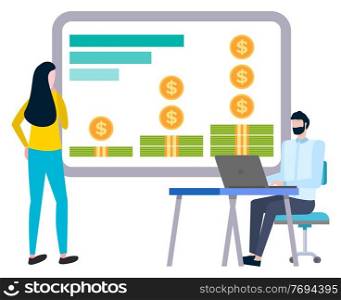 Money profit, business and finance, office workers vector. Graphic or chart, growth and success, dollar bills and coins, man and woman, laptop on desk. Business and Finance, Money Profit, Office Workers