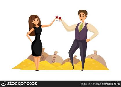 Money, profit, wealth, business concept. Young happy couple businessman woman clerks managers cartoon character celebrate financial success drinking wine. Capital growth or income raising illustration. Money, success, profit people, wealth, business concept.