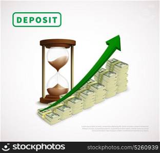Money Prosperity Realistic Business Template . Money prosperity realistic business template with dollar banknotes stacks rising arrow and hourglass isolated vector illustration