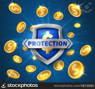 Money protection. Realistic shield, flying golden coins vector illustration. Defense shield, protection golden financial. Money protection. Realistic shield, flying golden coins vector illustration