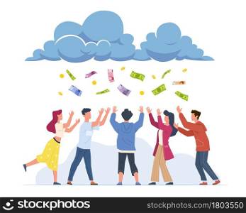 Money rain. Cartoon happy people catching banknotes and gold coins falling from clouds. Group of successful men and women collecting flying cash. Lucky lottery winners. Vector easy earning concept. Money rain. Cartoon happy people catching banknotes and gold coins falling from clouds. Successful men and women collecting flying cash. Lottery winners. Vector easy earning concept