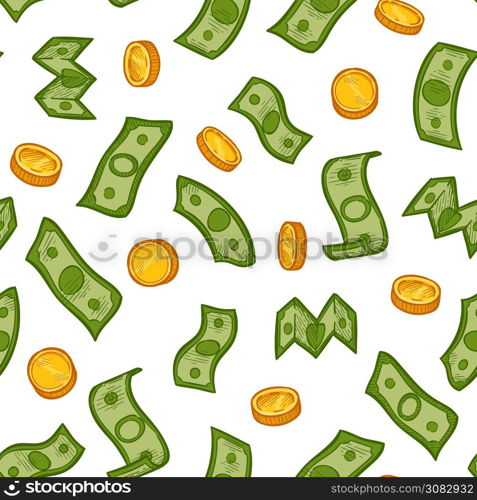 Money rain pattern. Green dollar banknotes and gold coins falling down. Financial crisis, recession business seamless vector texture. Money finance cash rain pattern, dollar and coins illustration. Money rain pattern. Green dollar banknotes and gold coins falling down. Financial crisis, recession business concept seamless vector texture