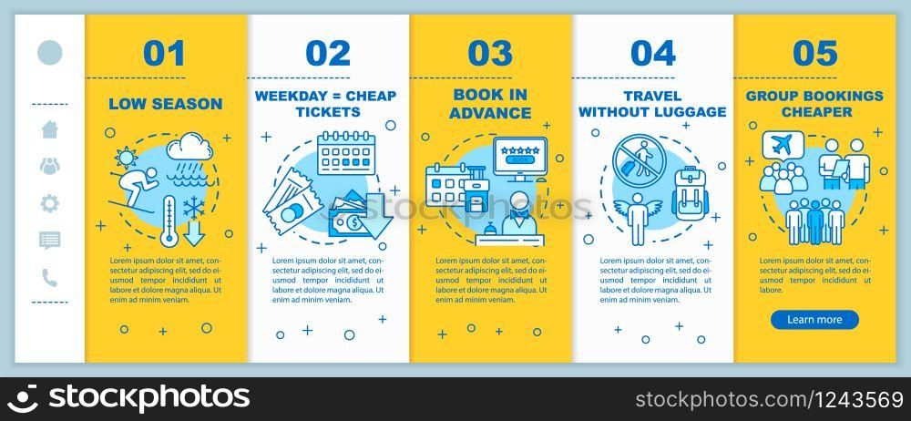 Money saving advice for tourists onboarding vector template. Affordable trip, low cost vacation tips, . Responsive mobile website with icons. Webpage walkthrough step screens. RGB color concept