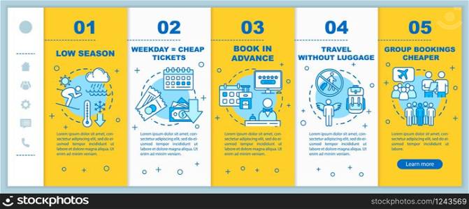 Money saving advice for tourists onboarding vector template. Affordable trip, low cost vacation tips, . Responsive mobile website with icons. Webpage walkthrough step screens. RGB color concept