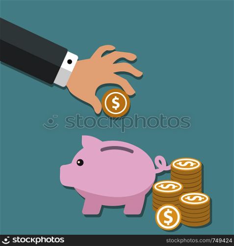 Money saving concept. Vector illustration in flat style design. Piggy bank