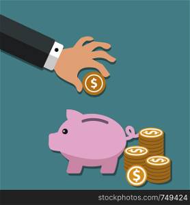 Money saving concept. Vector illustration in flat style design. Piggy bank