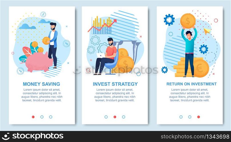 Money Saving, Invest Strategy, Return on Investment Social Media Set for Network Stories with Editable Text Advert. Men Hold Gold Coins, Put Cash in Piggy Bank, Work on Laptop. Vector Illustration. Money Saving and Investment Social Media Flat Set