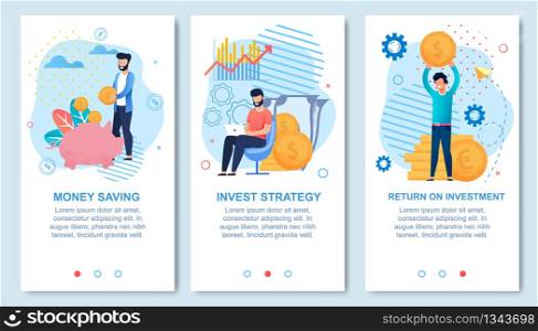 Money Saving, Invest Strategy, Return on Investment Social Media Set for Network Stories with Editable Text Advert. Men Hold Gold Coins, Put Cash in Piggy Bank, Work on Laptop. Vector Illustration. Money Saving and Investment Social Media Flat Set