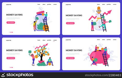 Money saving landing page. Website mockup with people collecting gold coins and currency banknotes. Economy profit. Web interface design set. Financial income. Vector investment and deposit concept. Money saving landing page. Website mockup with people collecting coins and currency banknotes. Economy profit. Web interfaces set. Financial income. Vector investment and deposit concept
